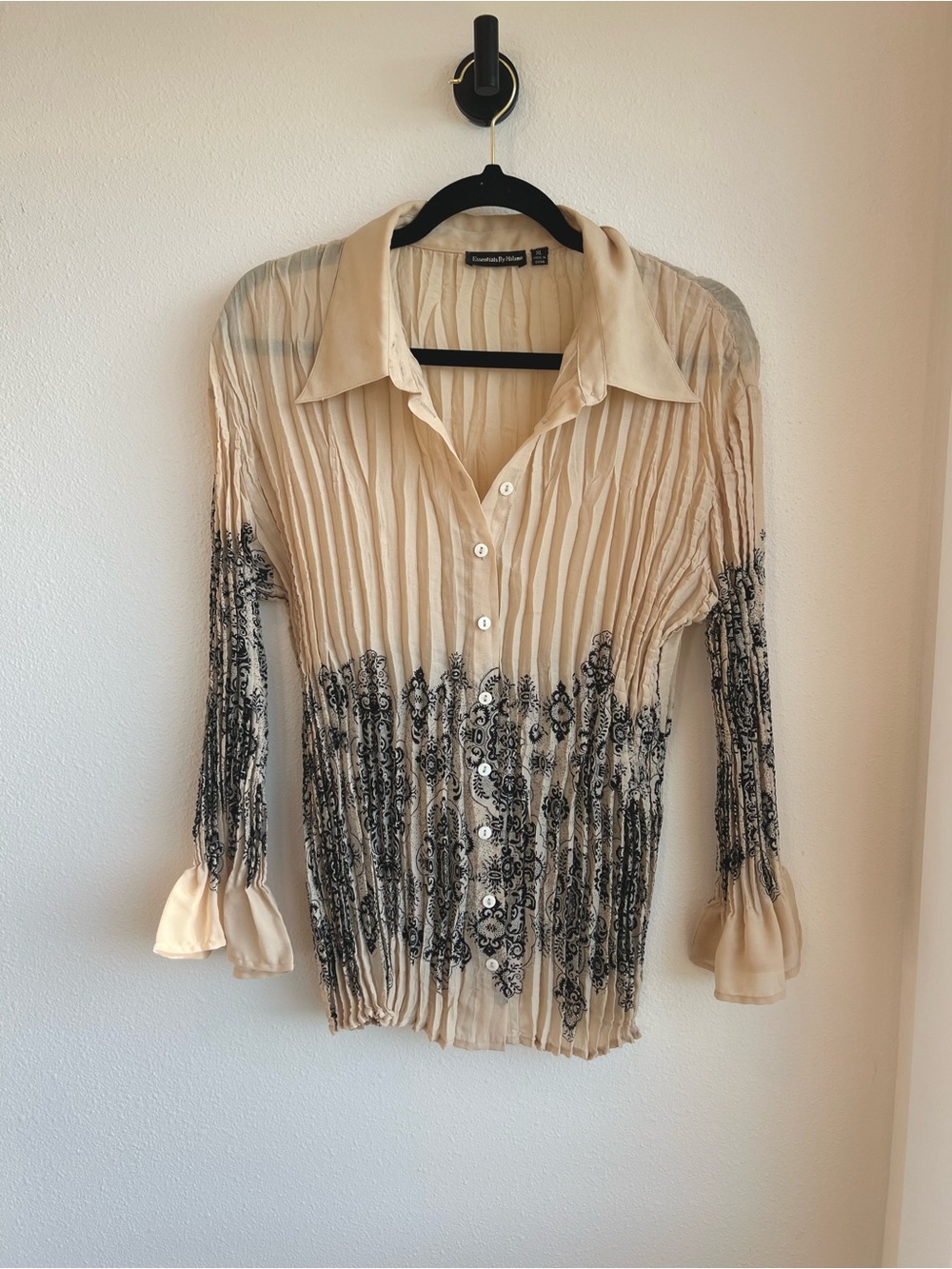 Essentials Vintage Y2K Whimsygoth Cream Pleated Blouse with Black Floral Detail